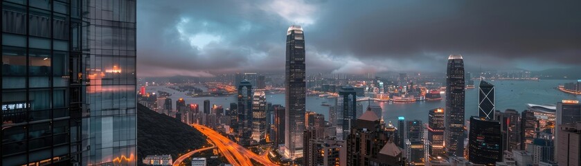 Fototapeta premium A stunning view of a modern city skyline at twilight with illuminated skyscrapers and cloudy sky, reflecting urban sophistication and vibrancy.