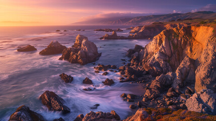 Rocky Coastline at Sunset;
a rocky coastline bathed in the warm hues of a setting sun - Powered by Adobe
