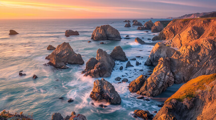 Rocky Coastline at Sunset;
a rocky coastline bathed in the warm hues of a setting sun - Powered by Adobe