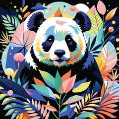 Abstract Colorful Panda Bear with Tropical Leaves