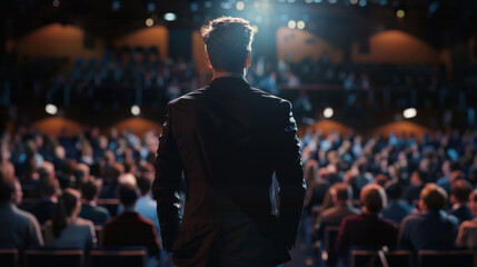Rear view of a speaker presenting at a lectern to a captivated audience in a brightly lit conference hall