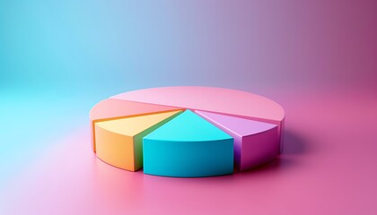 Obraz premium Colorful 3D pie chart on a gradient background, ideal for business, finance, and statistical presentations or infographics.