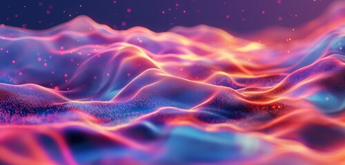 Obraz premium A Stunning Ultra View: Waves and Particles Dance on a Gradient Background with Colorful Particles, Creating a Mesmerizing HD Wallpaper that Captures the Harmony and Beauty of Waves and Particles Blend