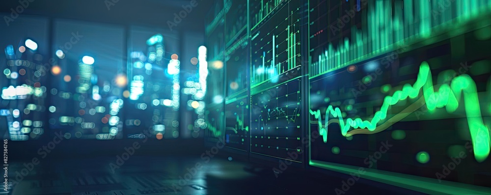 Poster abstract image depicting glowing stock market graphs in a modern office with cityscape view, highlig