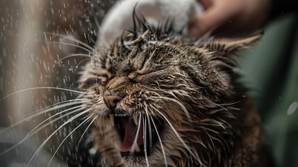 Ultra HD and hyper-detailed closeup of an angry cat during grooming at an animal salon
