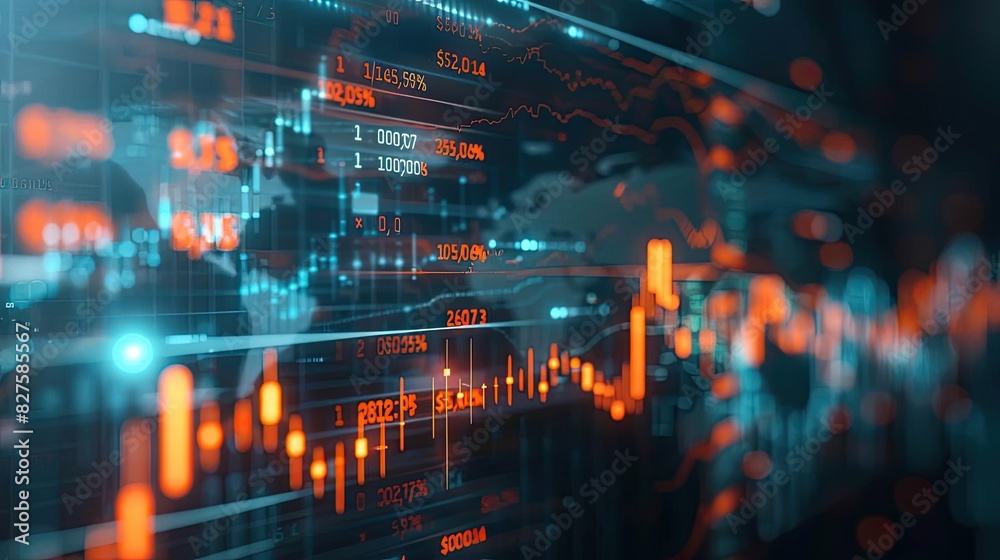 Aufkleber Digital financial data visualization featuring a dynamic stock market graph with glowing lines and a global map background.