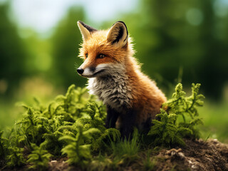 Naklejka premium Small red fox, fur vibrant against green artificial grass, eyes a tree