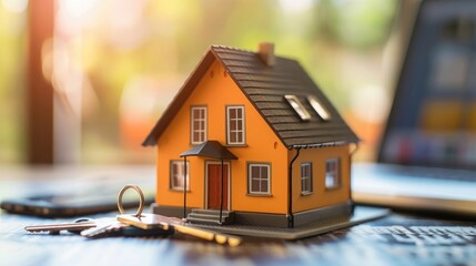 A small house model on the table with keys and laptop computer, real estate concept, blurred background. ,copy space, High quality, +