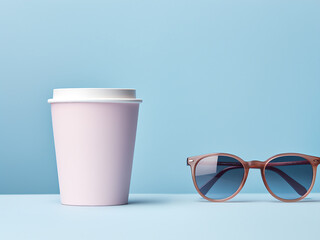 Fashionably arranged coffee cup, blue sunglasses on pastel