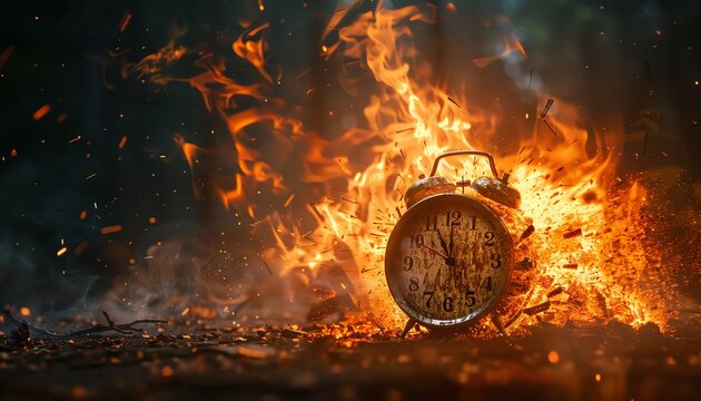 Vintage alarm clock engulfed in intense flames with vibrant sparks and fiery blaze, symbolizing urgency and chaos.