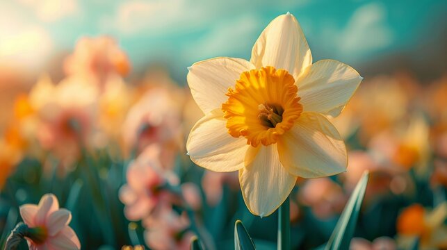Single daffodil against a bright sky, emphasizing simplicity and renewal themes for spring marketing campaigns