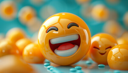 Vibrant 3d illustration of joyful laughing emoji faces on a blue backdrop, commemorating the cheerfulness and digital communication of world emoji day