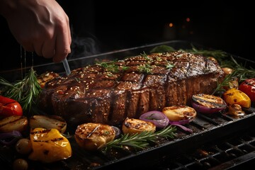 The cook prepares a piece of meat on the grill