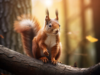 Obraz premium Blurred natural backdrop highlights squirrel on tree branch