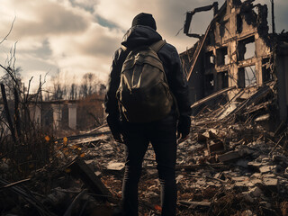 Naklejka premium Adventurous traveler explores ruins of an abandoned house