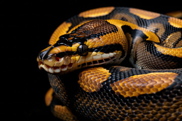 Fototapeta premium Close-Up of a Coiled Ball Python on Black Background