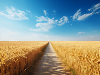 Traverse a straight road leading to infinity against a backdrop of golden wheat fields