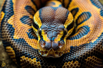 Fototapeta premium Vibrant Ball Python Coiled in Close-Up View