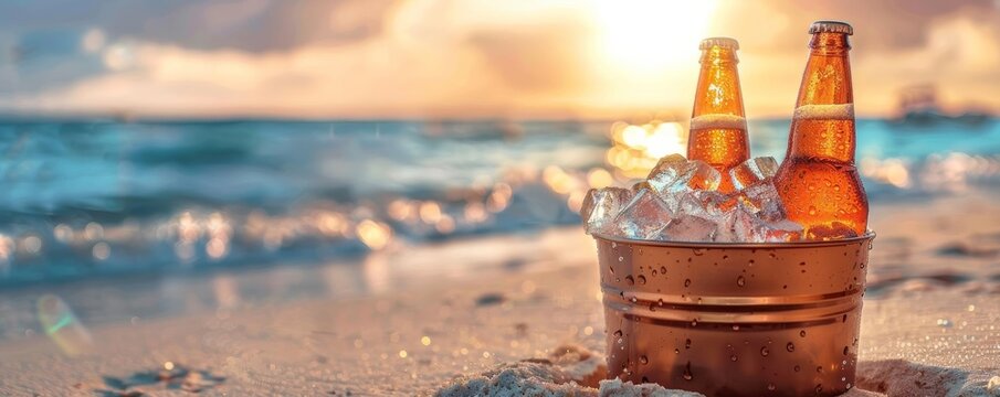 Beer bottles in an ice bucket on a sunny summer beach, refreshing and cool, vibrant and inviting, ideal for beverage promotions, copy space