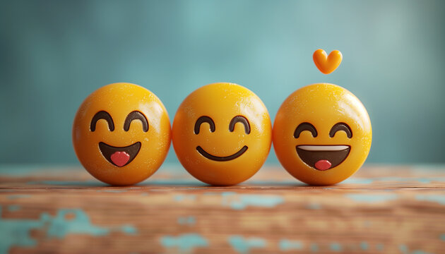 Join the world emoji day celebration with this lively image showcasing three happy emoji faces on a wooden background, perfect for adding a cheerful and welcoming touch to your online conversations - Powered by Adobe