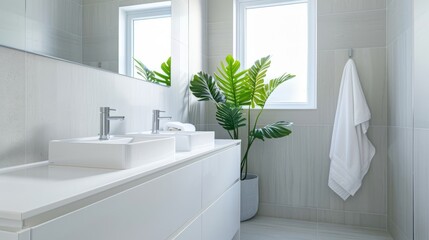 A bathroom with a clean,  white design,  a floating vanity,  and minimal fixtures