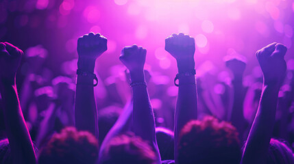 Silhouetted fists raised in a crowd against vibrant concert lights