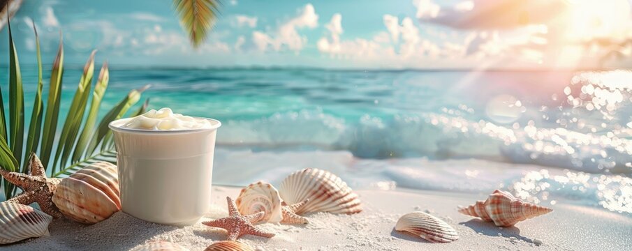 A serene beach scene with seashells and a jar of cream on white sand overlooking a turquoise ocean under a bright, sunny sky.