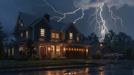 A suburban house with lightning striking the roof, creating an ominous atmosphere.