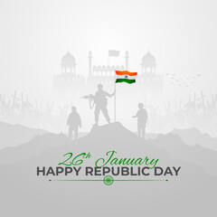 Happy Republic Day India social media post, wavy Indian flag, tricolor with Famous monument, background