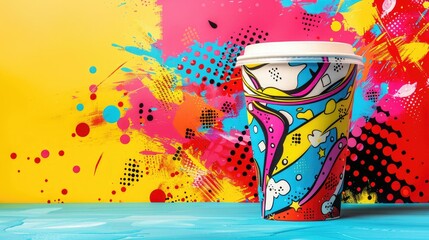 Colorful takeout coffee cup with vibrant graffiti-style art, placed against an abstract, brightly painted background for an artistic touch.