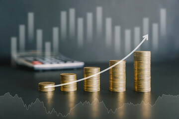 Up stack golden money money coins on black desk with up curve arrow and graph. Business and financial background concept. 