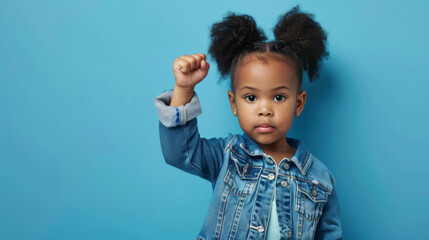 Young girl in a denim jacket raises her fist in a symbol of strength and confidence