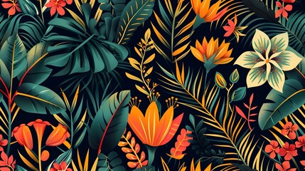 Art Deco Tropical Jungle Seamless Pattern with Lush Foliage and Vibrant Flowers