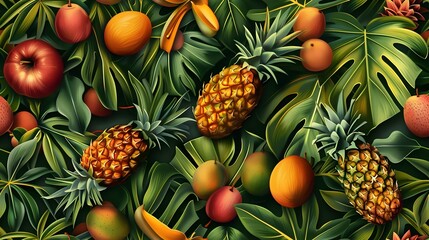 Fototapeta premium A Vibrant Tropical Abundance of Exotic Fruits Spilling Across the Frame in a Cinematic Hyper Detailed Mid Century Style