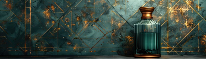 Naklejka premium Elegant vintage glass bottle on a luxurious marble-patterned background with gold accents, capturing a timeless and classic essence.