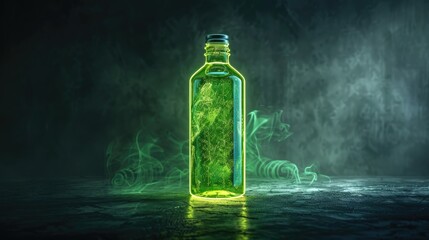 Glowing green potion bottle in a mystical, dark environment with eerie green mist. Ideal for fantasy, magic, or alchemy themes.