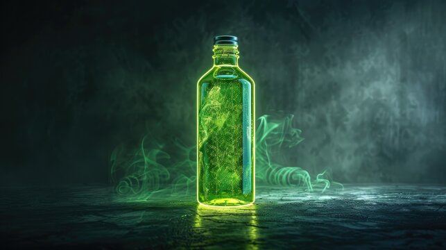 Glowing green potion bottle in a mystical, dark environment with eerie green mist. Ideal for fantasy, magic, or alchemy themes.