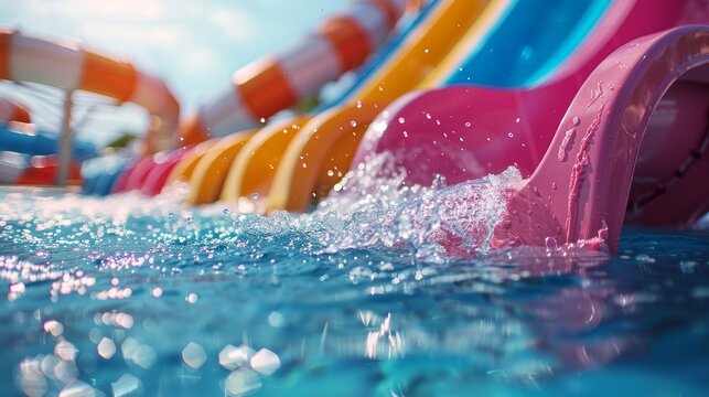 Colorful waterslides in a waterpark with bright blue water.