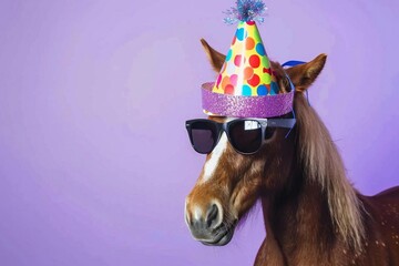 Horse wearing birthday celebration hat and sunglasses on purple background