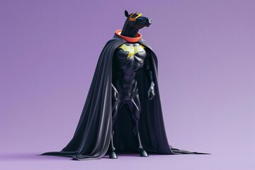 Horse with cloak and mask standing in leader pose. superhero concept on purple background.