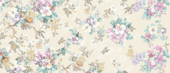 beautiful abstract vintage floral decorative artistic element background allover seamless pattern design illustration pink green grey cream teal color combination for digital home textile and apparels