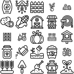 Set Of Linear Farming Isolated Silhouette Solid Icons With Nature,Gardening,Farming,Healthy-Food,Organic Vector Illustration Linear Pictogram Pack