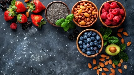 A flat lay of fresh fruit, nuts, and greens arranged on a rustic background.  A variety of colors and textures create a visually appealing and healthy image.