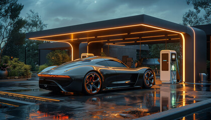 A futuristic car is parked at a gas station with neon lights by AI generated image