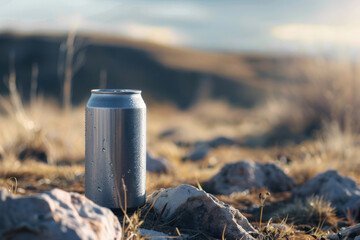 Obraz premium Aluminum Can on Rocky Terrain with Scenic Background