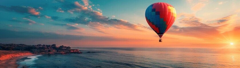 Fototapeta premium Hot air balloon flies over the beach at sunrise