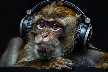 Monkey enjoying musing wearing headphones on black background.