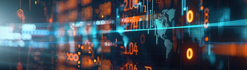 Obraz premium Futuristic digital interface displaying financial data analysis with world map and technological elements in a vibrant, high-tech environment.