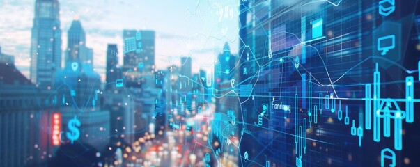 Naklejka premium Futuristic cityscape with digital financial data overlays, representing modern urban technology, finance, and growth trends.