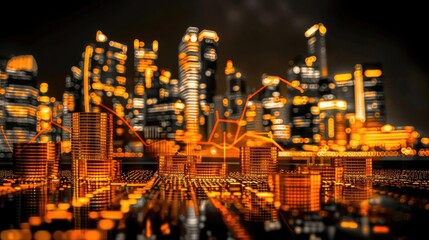 Naklejka premium Futuristic cityscape with illuminated skyscrapers and tech-inspired design, showcasing an advanced urban environment at night.
